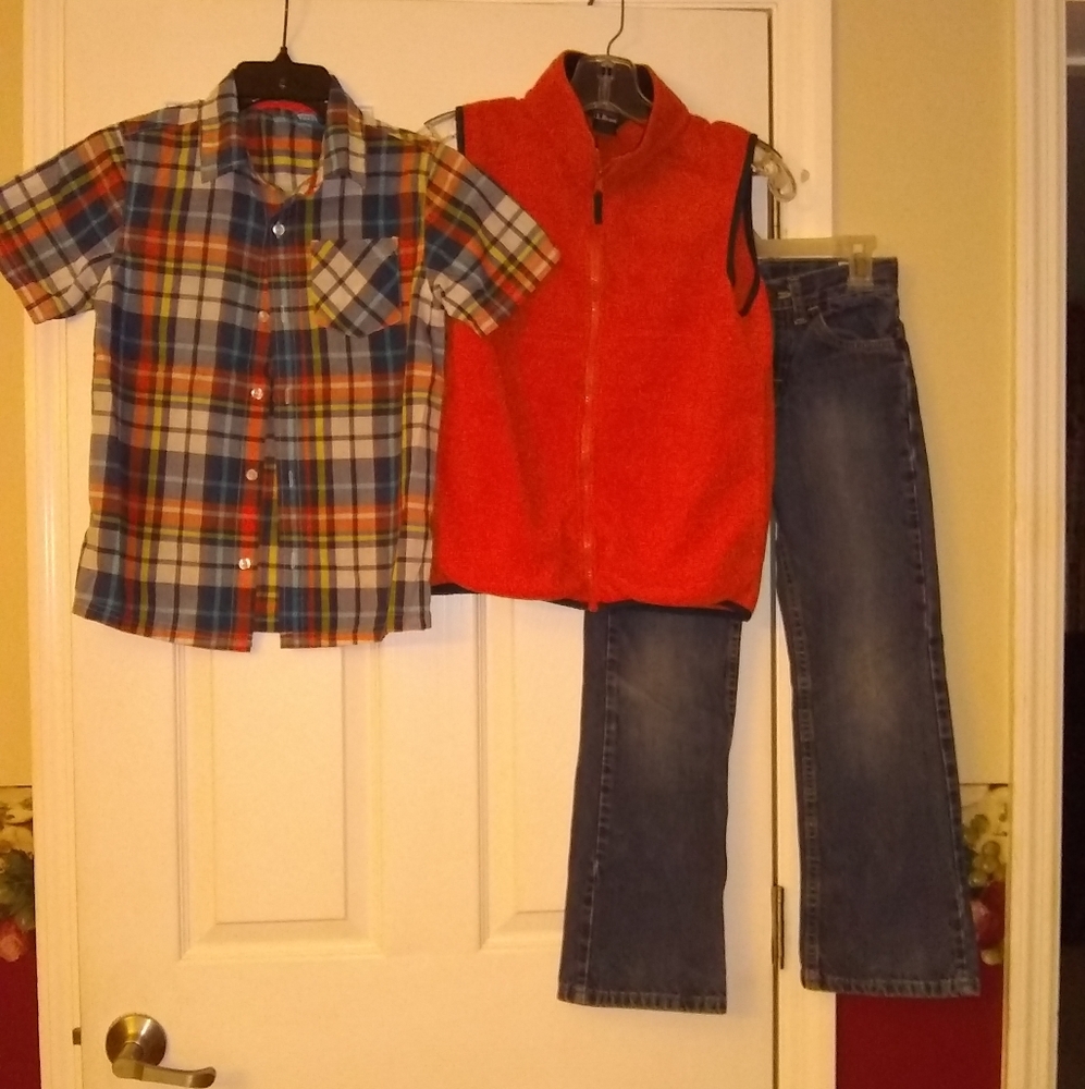 Lot of 3 Boys LL Bean Fleece Vest, French Toast Plaid Shirt, and Wrangler Jeans